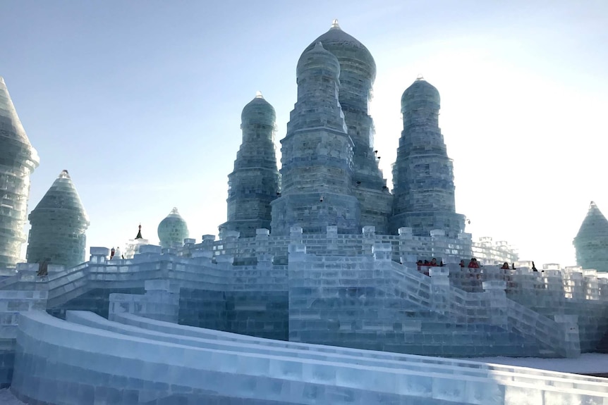 A huge ice sculpture resembling Moscow's Saint Basil Cathedral.