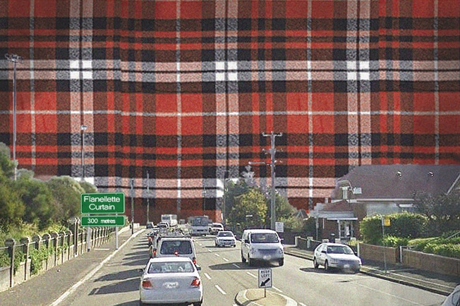 Artist's impression of the mythical 'Flannelette Curtain' dividing Hobart, as seen from the ground.