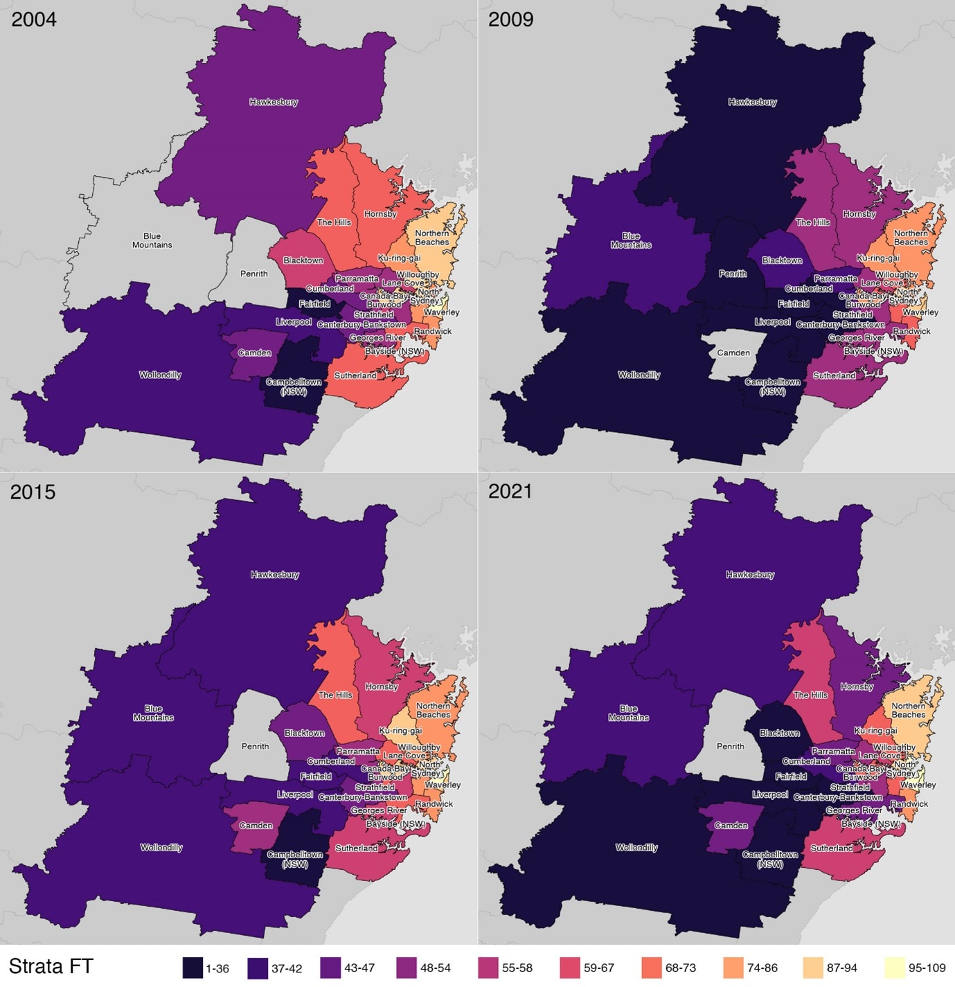 Four maps indicating the cost of "Strata" properties across Greater Sydney from 2004 to 2021, finding west Sydney had affordabl