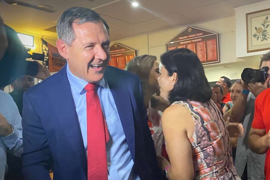 Michael Gunner arrives at the Labor Party's election HQ on Saturday night.