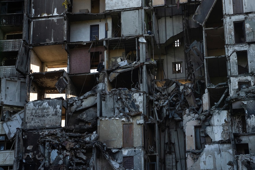 A view of a building which had been destroyed in a Russian attack in Kharkiv.