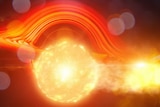 A Sun-like star with a stream of gas trailing behind it sits in the foreground. A black hole sits in the background