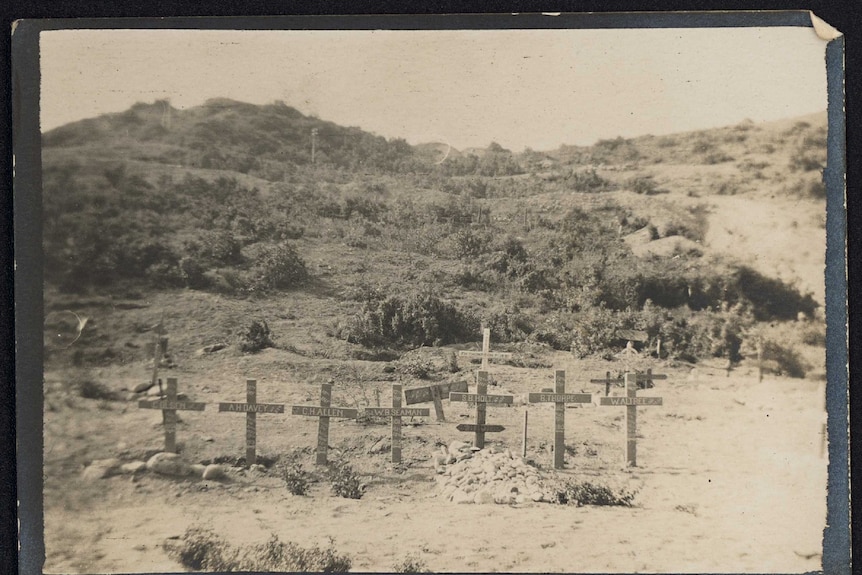 An historic photo of a line of wooden crosses in the group, all with names written on them.