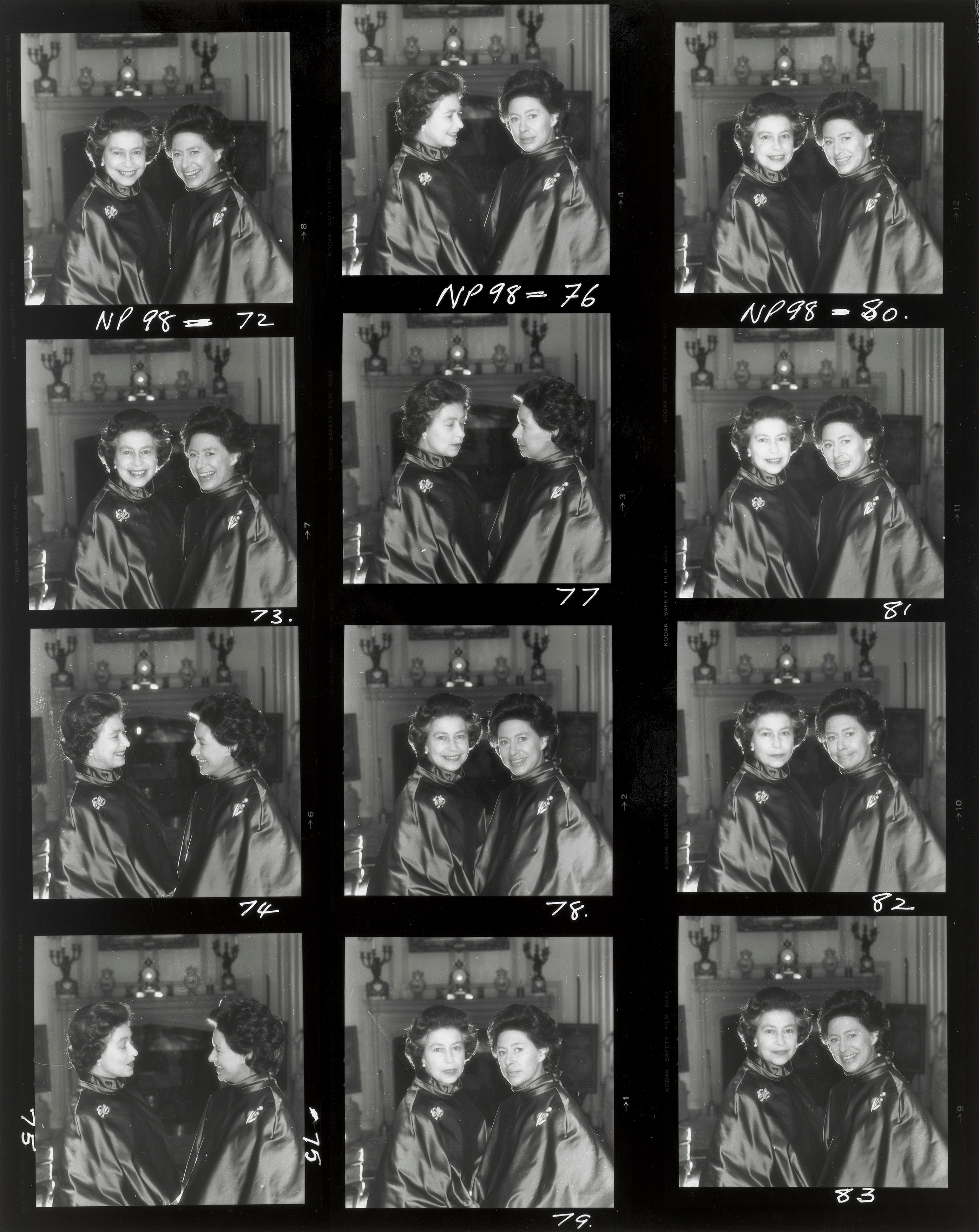 This contact sheet shows Queen Elizabeth II and Princess Margaret laughing and talking together during a shoot