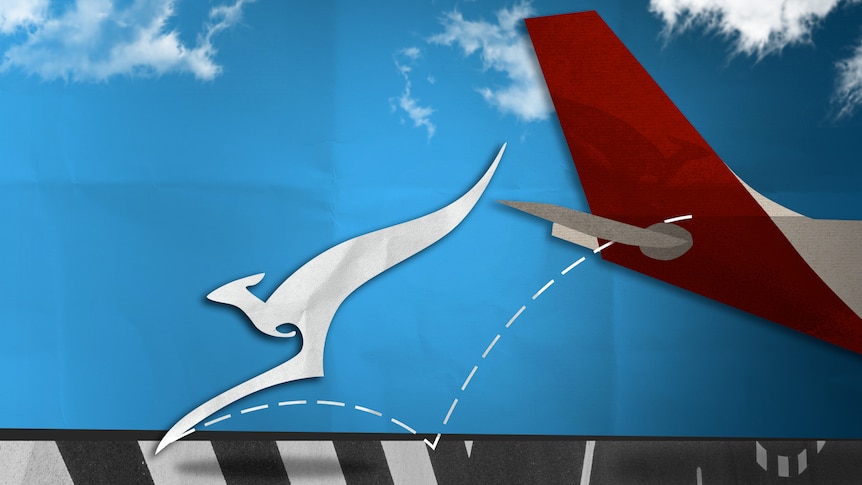 A illustration showing the white kangaroo on the red tail of a Qantas plane jumping off and bounding away