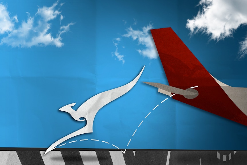 A illustration showing the white kangaroo on the red tail of a Qantas plane jumping off and bounding away
