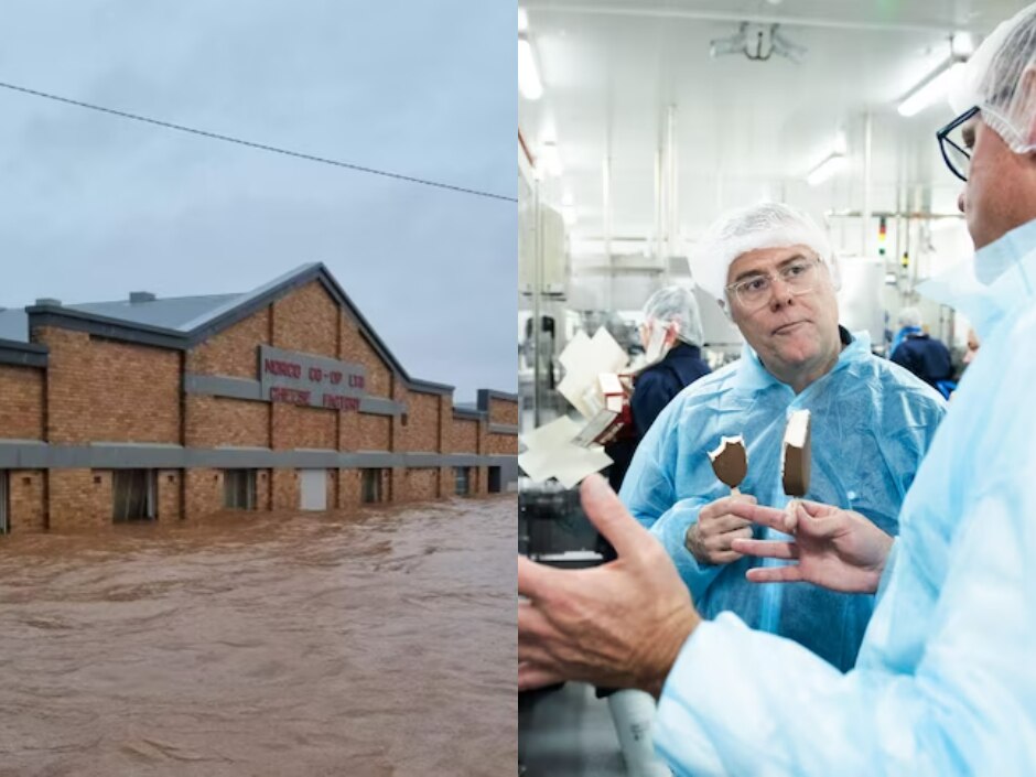 Composite image of building with brown water about halfway up its walls, and a man opening the door of a clean, new-looking room