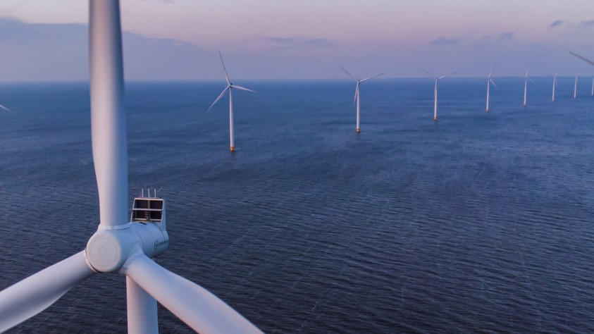 Artist's impression of eight large, white wind turbines standing in a row in the ocean.