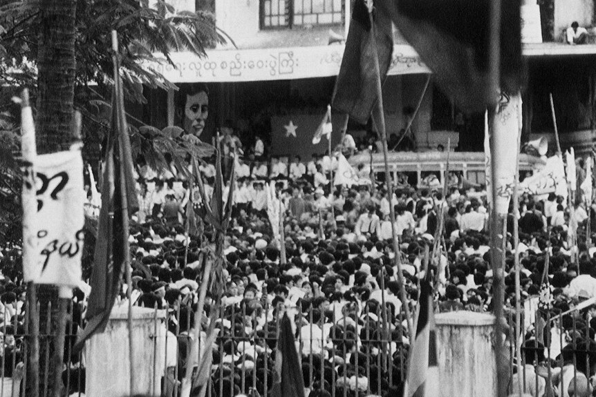 A crowd of people gathered holding flags and listening to a woman