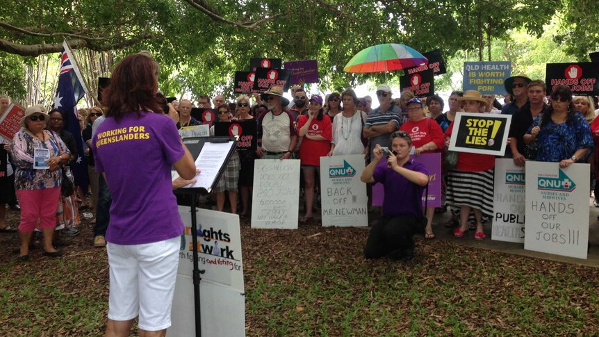 About 150 public health workers rally in front of the Cairns Base Hospital