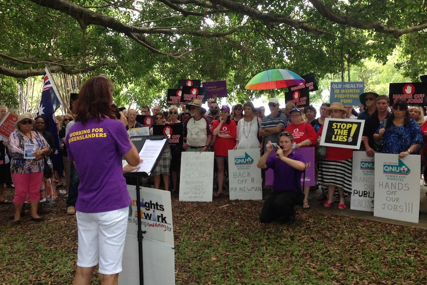 About 150 public health workers rally in front of the Cairns Base Hospital