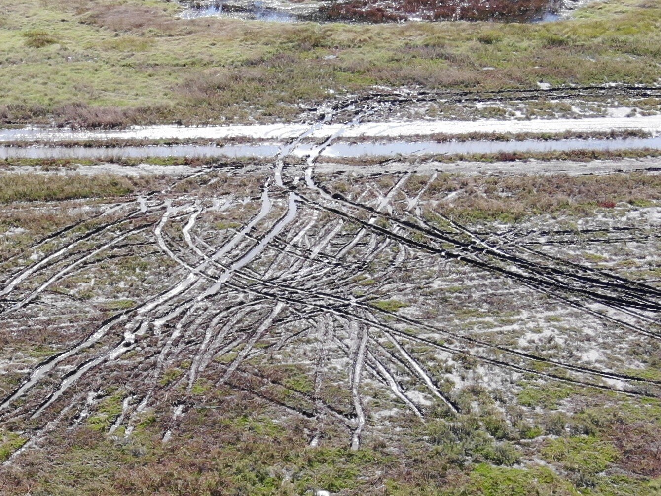 A drone shot of muddy tire tracks throughout a grassy field. 