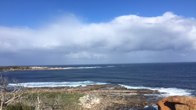 A rocky outcrop at the beach, which in this picture looks pretty flat with deep blue water.