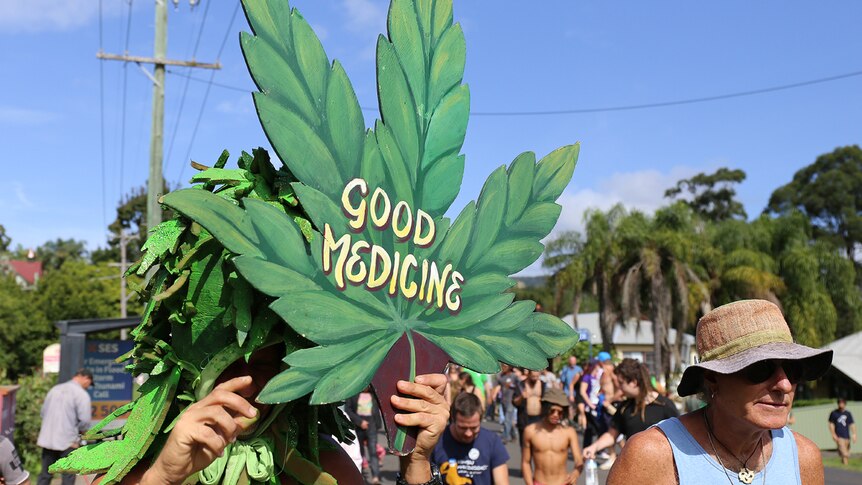 A sign in the shape of a cannabis leaf with 'good medicine' written on it