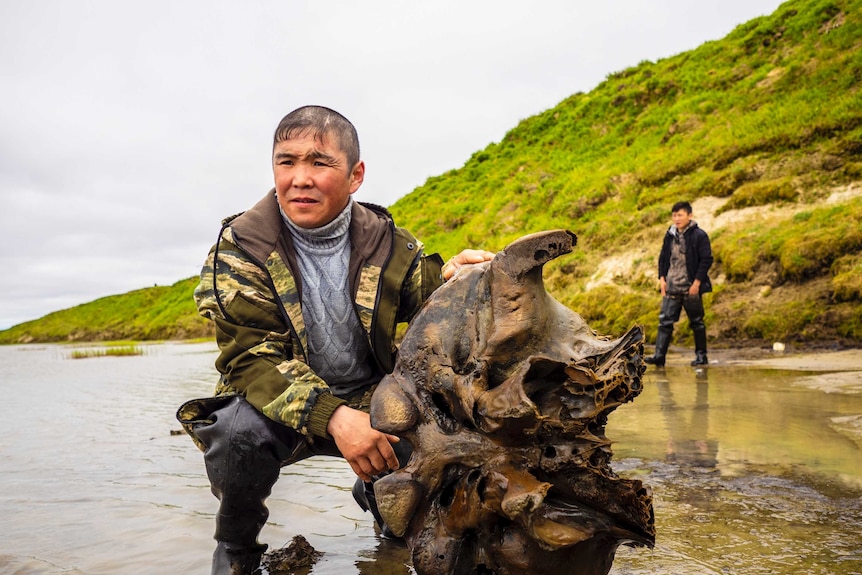 People study a mammoth bone fragment in the Pechevalavato Lake in the Yamalo-Nenets region, Russia.