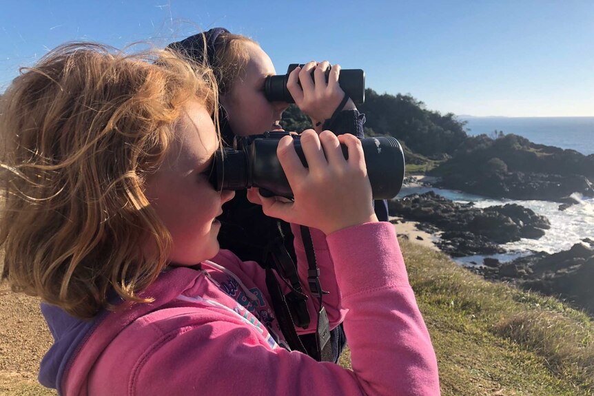 Two girls look at whales through binoculars