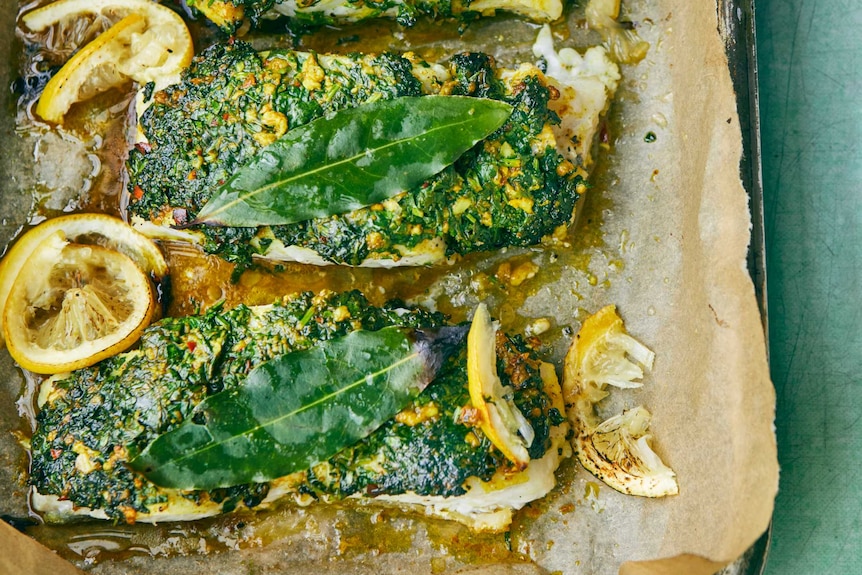 Roasted cod with a coriander crust (Samak mashew bil cozbara w al limon) on a baking tray with lemon slices and bay leaves.