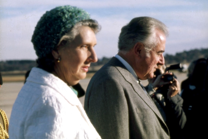 Margaret Whitlam Gough wait for Princess Anne at Canberra Airport.