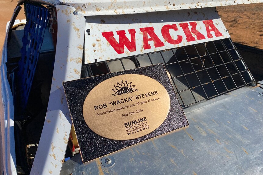 an award reading Rob Stevens appreciation for over 20 years of service Feb 10 2024 sunline speedway waikerie