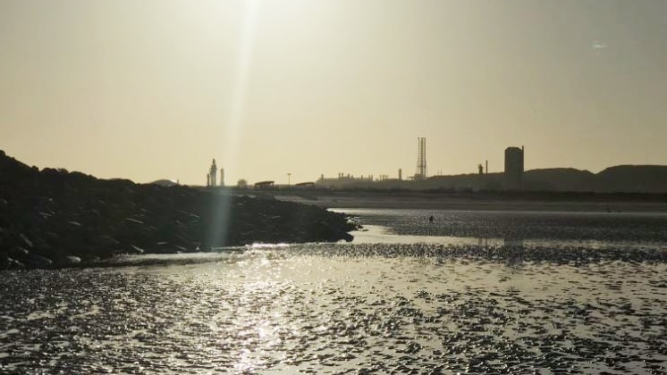 View at sunrise of the Burrup industrial area in the Pilbara, from Hearson Cove mud flats