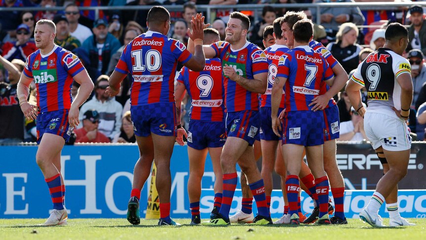 Newcastle Knights players congratulate each other after Cory Denniss scores a try against the Penrith Panthers.