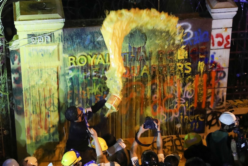 A demonstrator throws paint over a plaque
