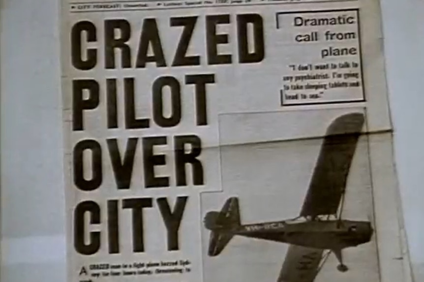 A 1960s newspaper with a photo of a plane and a headline reading 'Crazed Pilot Over City'.