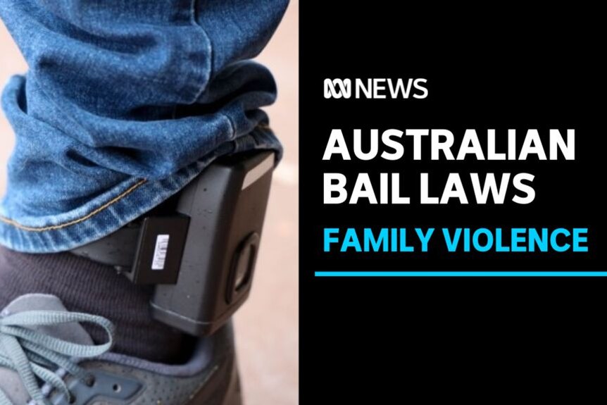 Australian Bail Laws, Family Violence: A close up of an ankle monitor being worn under blue jeans.