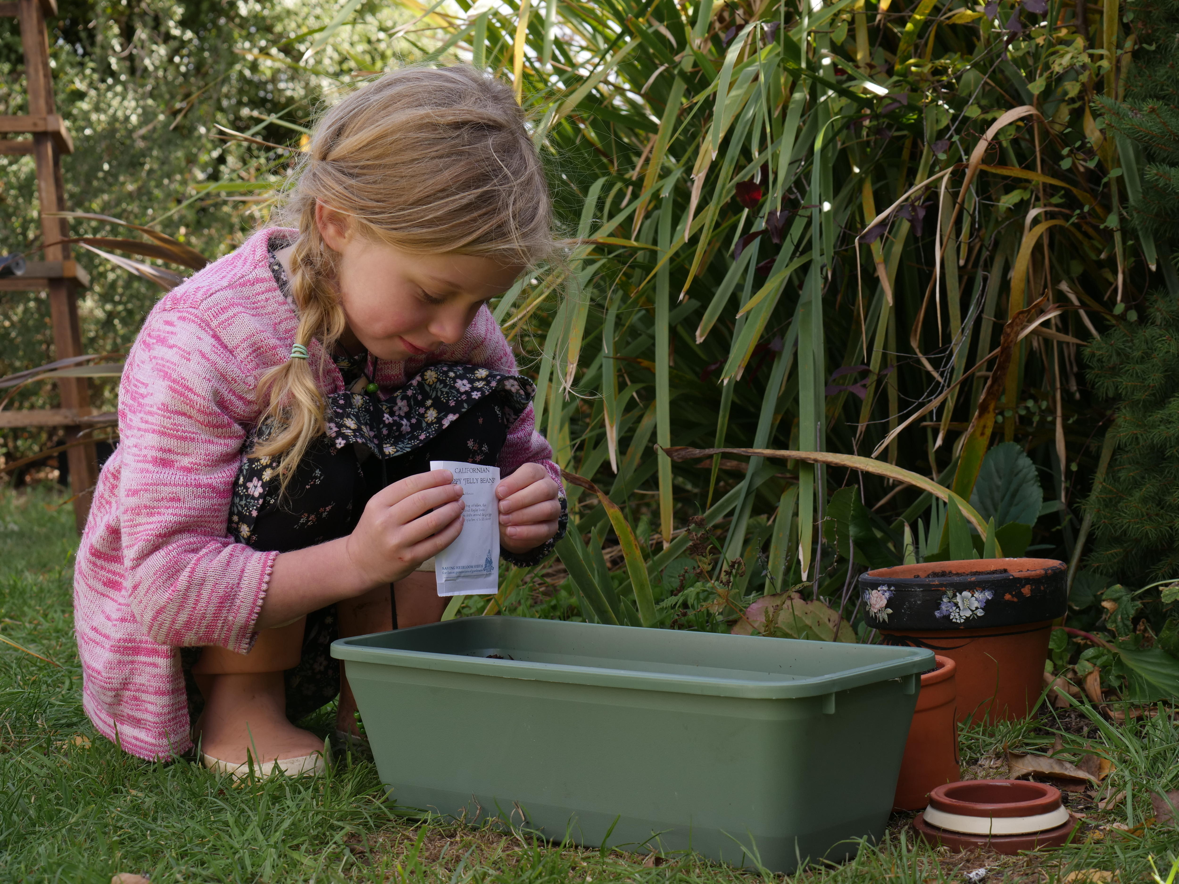 A young girl crouched next to a planter in a garden, holding a packet of seeds in her hand.