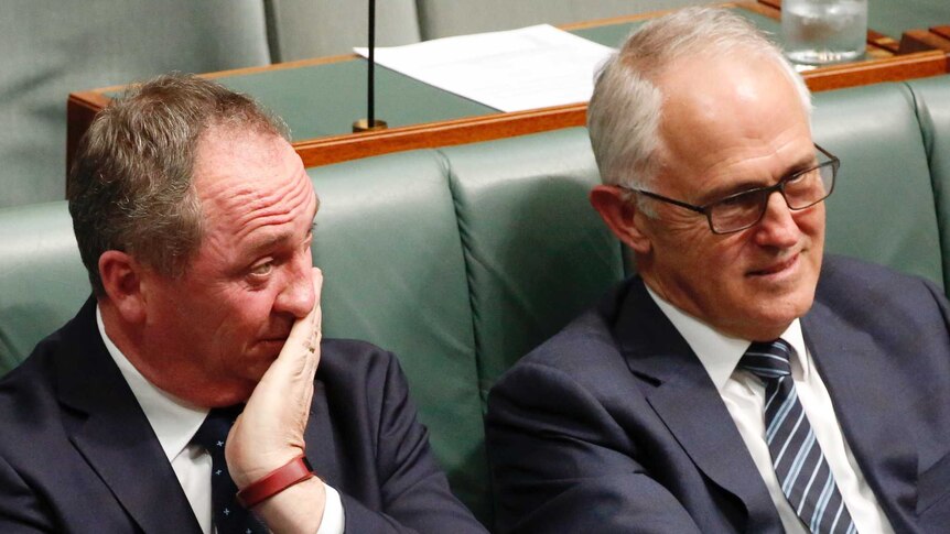 Barnaby Joyce and Malcolm Turnbull sit together in Parliament