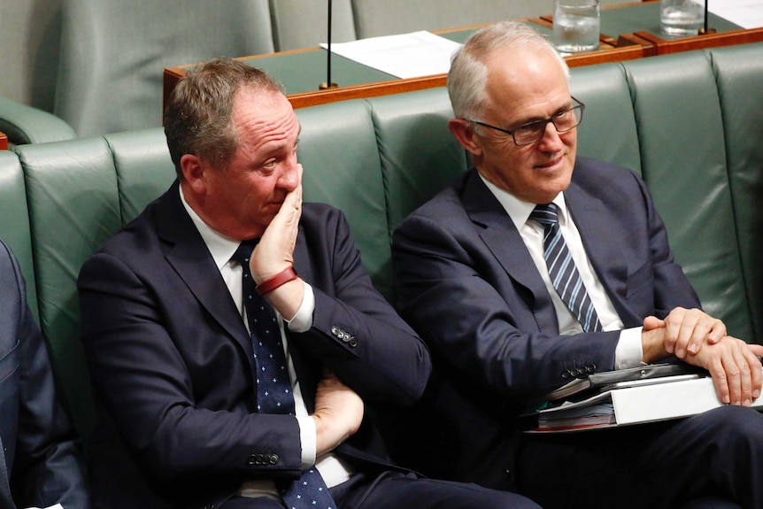 Barnaby Joyce and Malcolm Turnbull sit together in Parliament