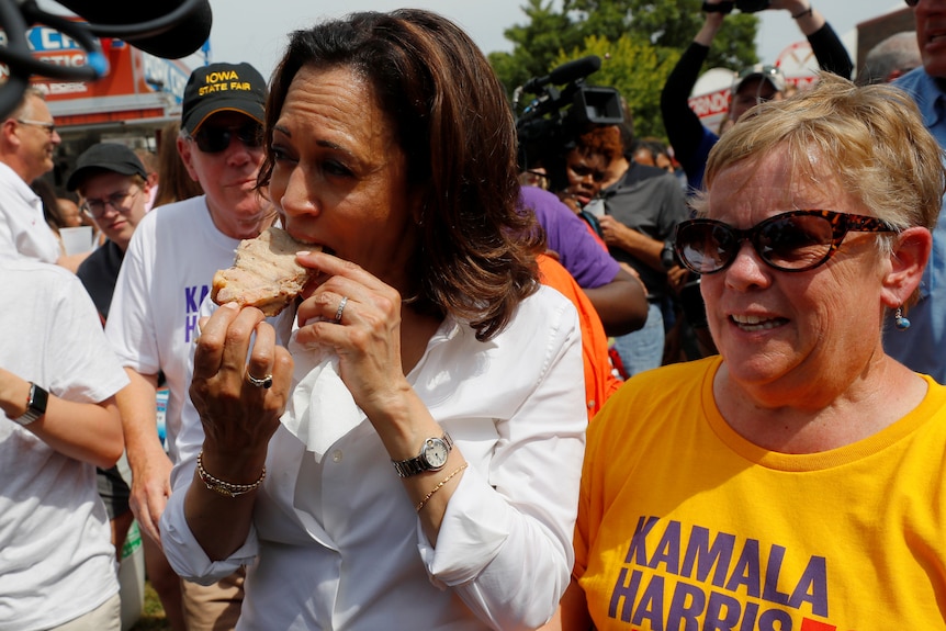 enator Kamala Harris (D-CA) eats a pork chop