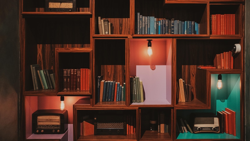 Moodily lit wooden bookshelf divided into sections, with books, vintage radios and lightbulbs