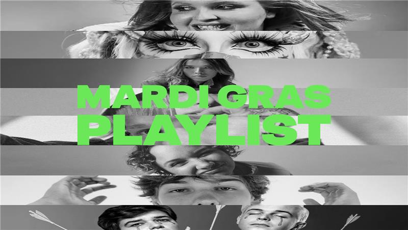 A collage of artist's faces who are included on the Mardi Gras playlist