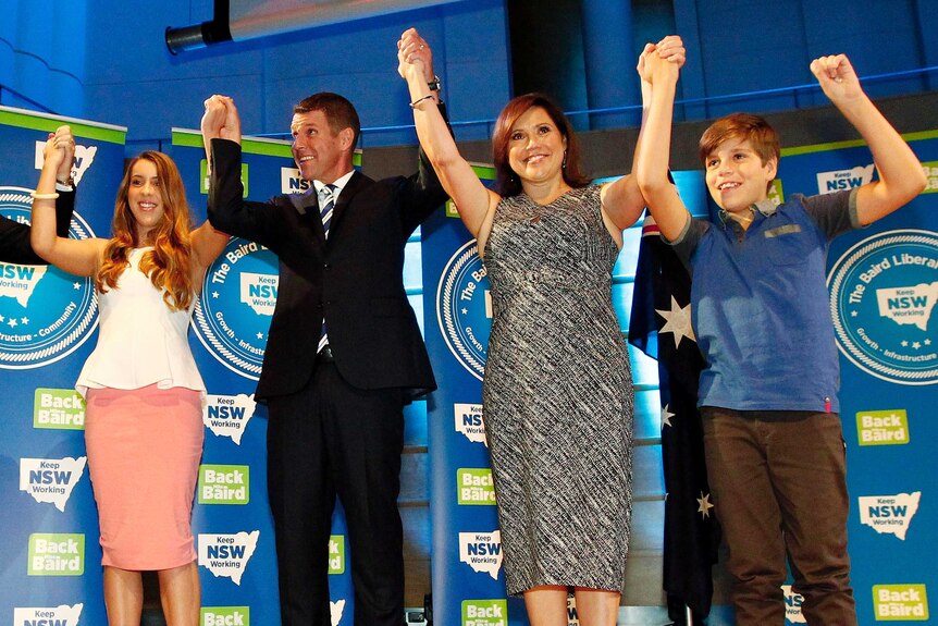 NSW Premier Mike Baird with his family at the NSW Liberal campaign launch in Sydney