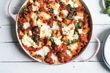 Pot with pasta bake with spinach, ricotta and tomato sauce for Hetty McKinnon recipe