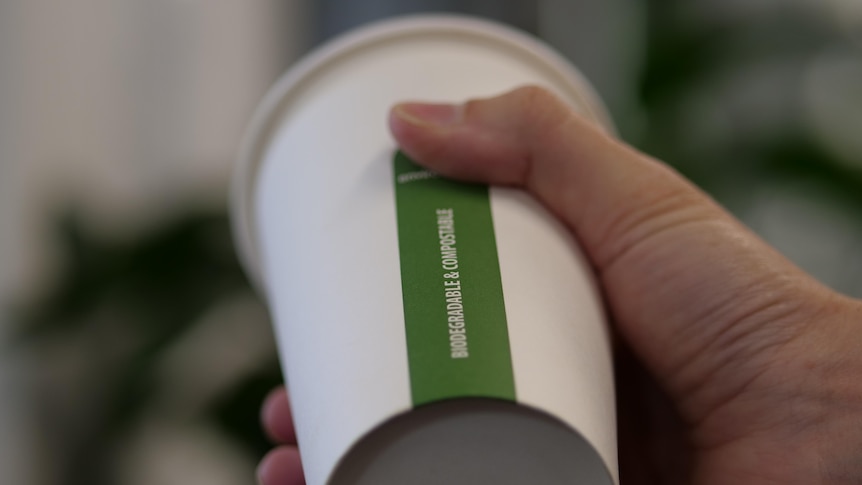 A hand holding a disposable coffee cup on an angle with the words biodegradable and compostable written on the side