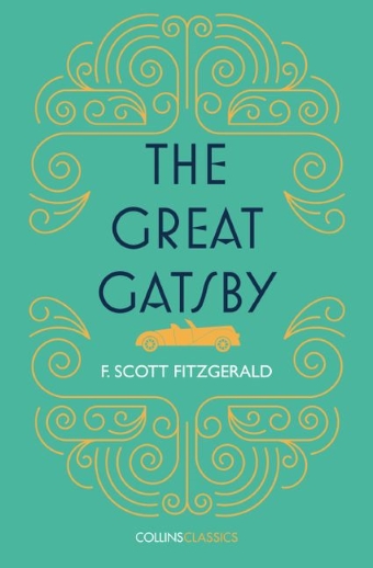 The book cover The Great Gatsby by F. Scott Fitzgerald featuring a teal background with gold patterns and a car