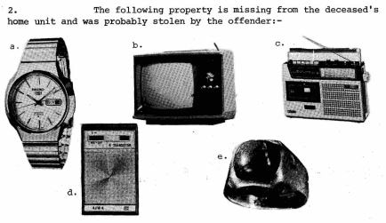 Flier of an alleged murder and theft of property with images of a watch, TV, ring, radio and transistor 