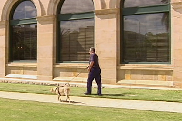 A sniffer dog and handler walks outside WA Parliament house today after a suspicious package was found.