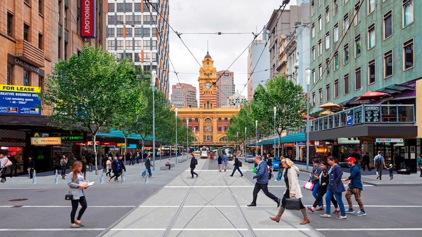Artist rendering showing a tram terminus and pedestrian area next to single lane road in inner city.
