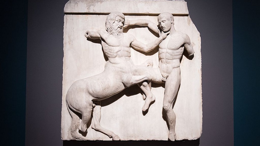 the Elgin Marbles, depicting a battle between a Centaur and a Lapith is seen during a press preview at the British Museum.