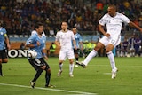 Tables turned: France striker Thierry Henry had an appeal for a penalty turned down for this handball.