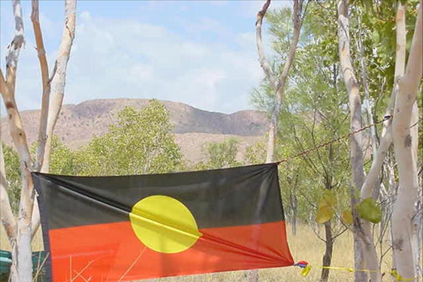 An Aboriginal flag flying from a tree, with trees and hills in the background.