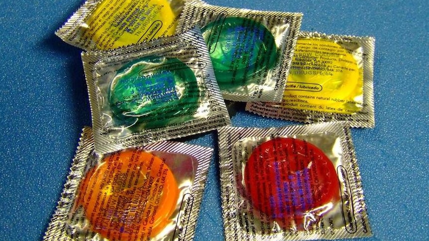 Condom packets on a table