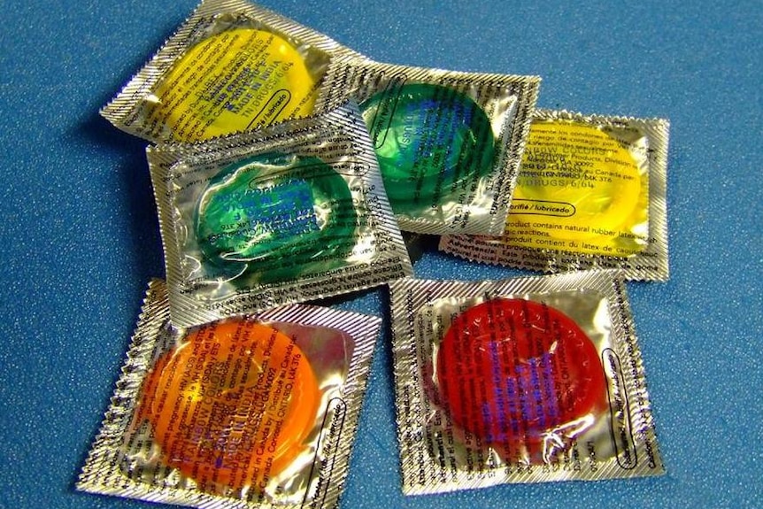 Condom packets on a table