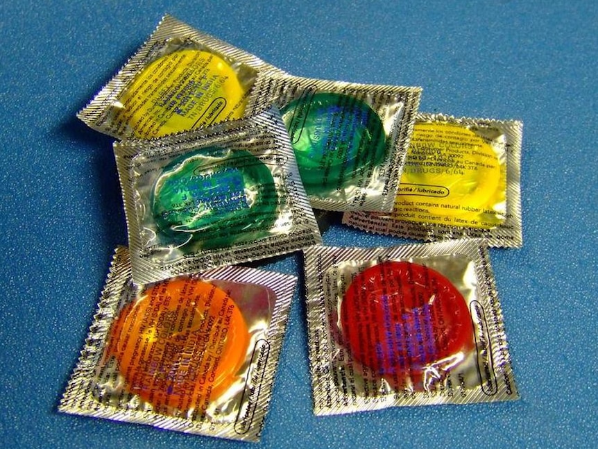 Condom packets on a table