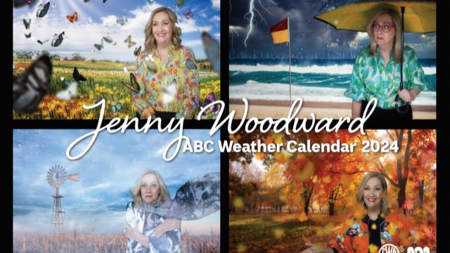 ABC Weather Presenter Jenny Woodward in various weather conditions with ABC Weather Calendar 2024 