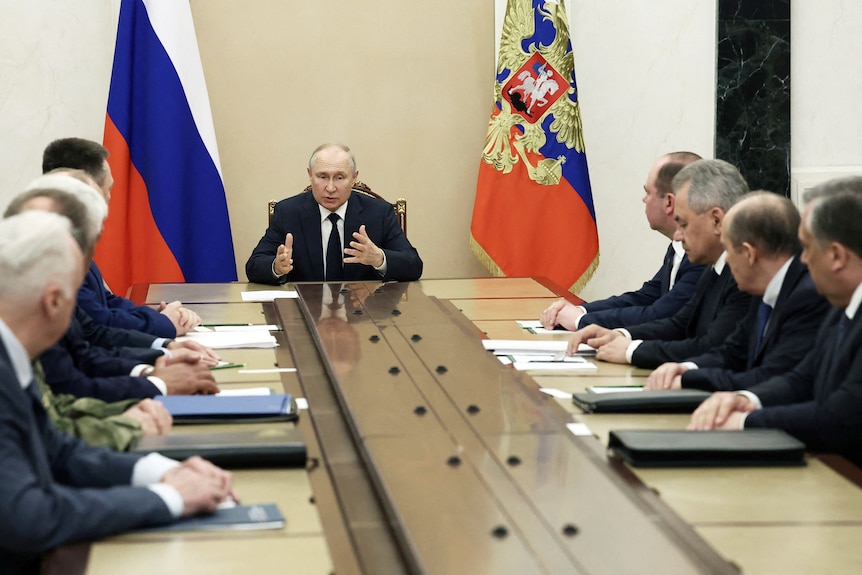 Russian President Vladimir Putin holds a meeting with heads of Russian security services in Moscow.