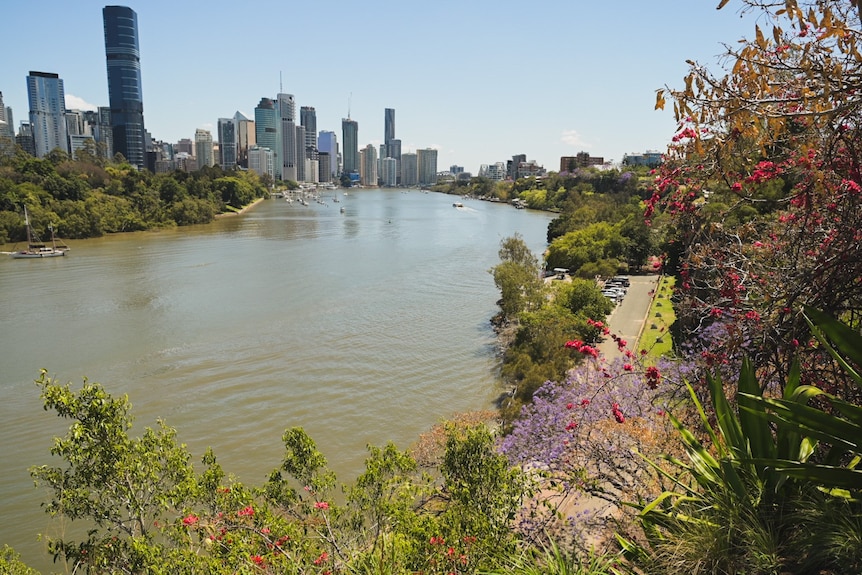 View of Brisbane river and the city skyline in spring